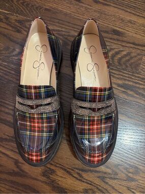 Jessica Simpson Red Plaid Patent Loafers with Rhinestones